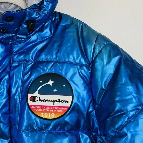 NWT Amazing CHAMPION x NASA Metallic Blue Puffer Space Jacket Puffer Coat Large - Picture 8 of 15